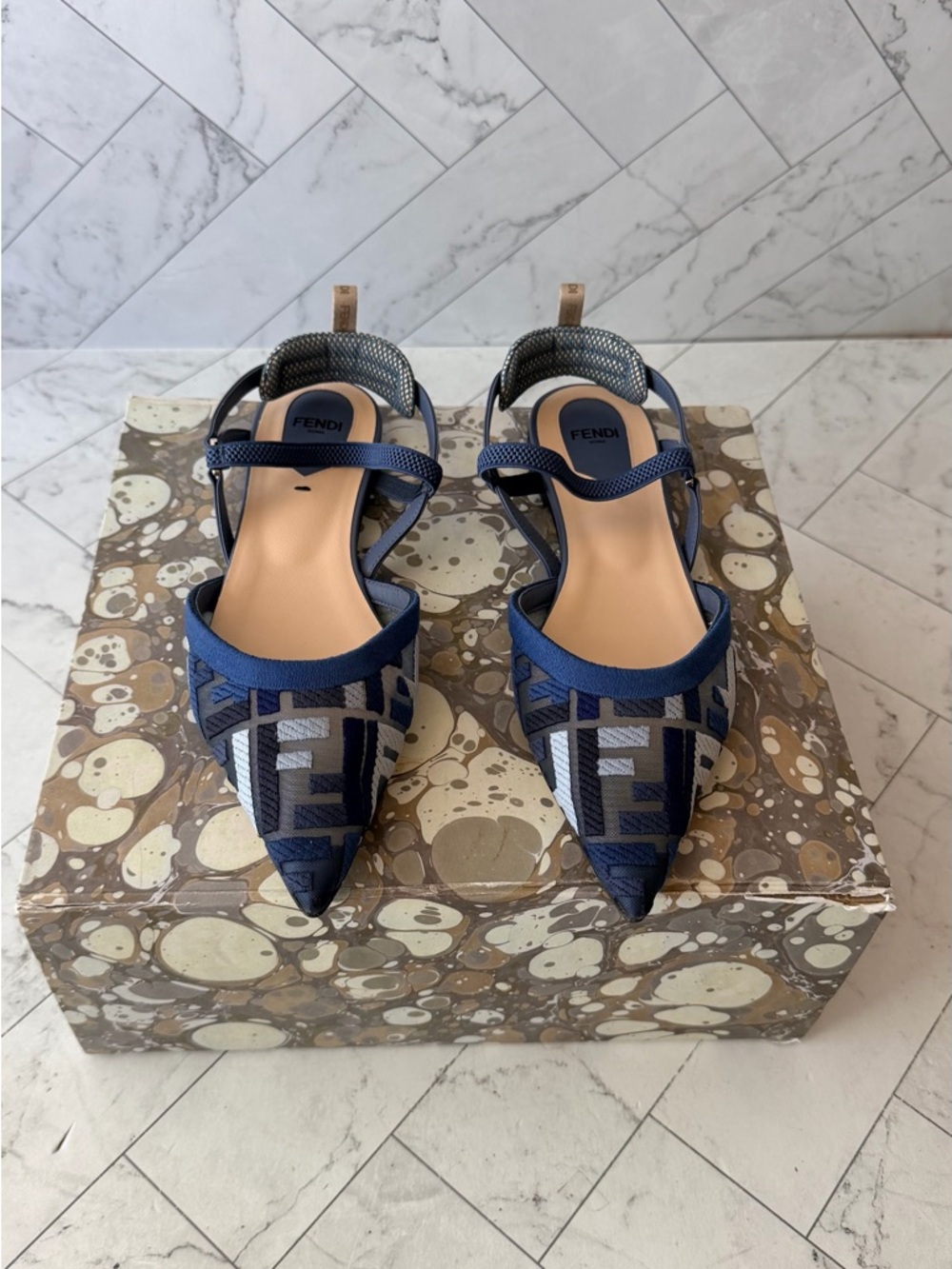 Fendi Navy Blue FF Jacquard Pointed Slingback Flats